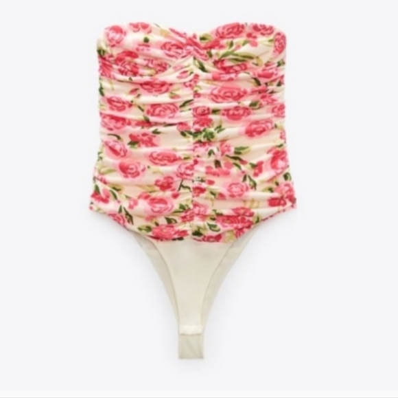ZARA Bustier Rose Floral Strapless Bodysuit In Pink/green. Size XS - Picture 3 of 15